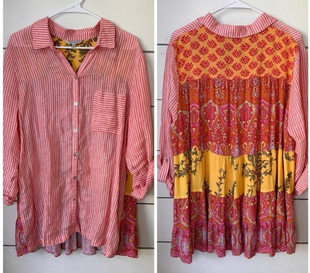 John Mark Linen Mixed Media Button Down Coral Striped Tunic Boho Artsy Sz Small
